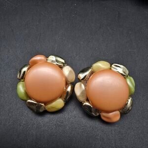 Peach Pastel Beaded Clip On Earrings Vintage 1950s Costume Jewelry